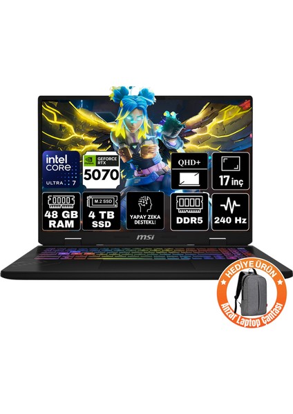 Msı Crosshaır 17 Hx Aı Intel Core Ultra 7 255HX 48GB 4tb SSD RTX5070 8gb Windows 11 Home 17" Qhd+ 240Hz Taşınabilir Bilgisayar D2XWGKG-018XTR-A44