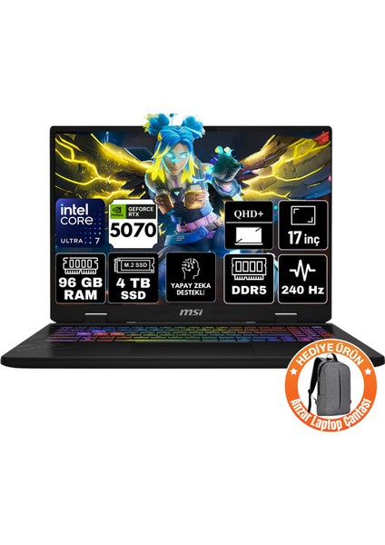Msı Crosshaır 17 Hx Aı Intel Core Ultra 7 255HX 96GB 4tb SSD RTX5070 8gb Freedos 17" Qhd+ 240Hz Taşınabilir Bilgisayar D2XWGKG-018XTR-A24
