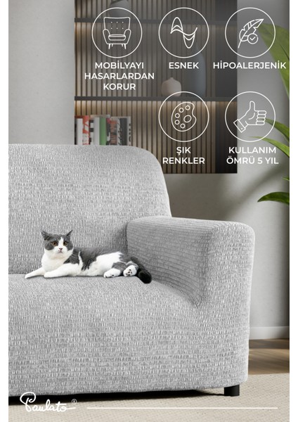 Lastikli Esnek ve Yıkanabilir Piliseli Açık Gri 2 Kişilik Koltuk Örtüsü