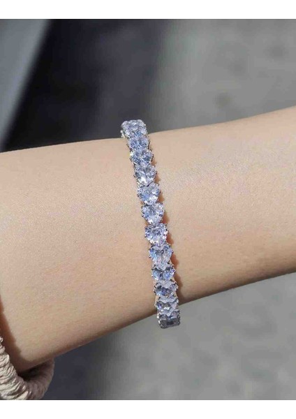 Silver Zirkon Taşlı Kalp Suyolu Kelepçe Bileklik Ayarlanabilir Esnek Özellikli