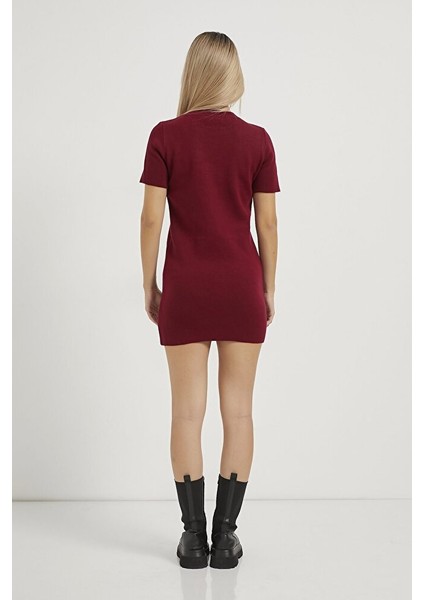 Kadın Bisiklet Yaka Standart Beden Esnek Likralı Kısa Kol Mini Triko Elbise fiyatları