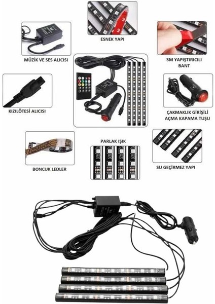 Araç Içi Ayak Altı LED 12 LED Işık Sese Müziğe Duyarlı Rgb Işıklı Aydınlatma Seti indirimleri