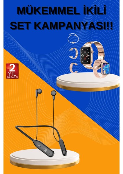 Kablolu Bluetooth Kulaklık ve Kadınlara Özel Bileklik Hediyeli Yeni Nesil Akıllı Saat 3 Kordonl
