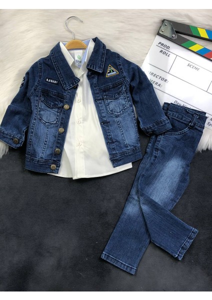 Erkek Çocuk 3'lü Kot Takımı - Gömlek - Ceket - Pantolon - %100 Pamuklu