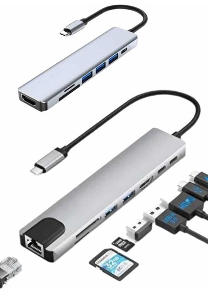 8 Port Çoklayıcı Macbook ile Uyumlu Çoğaltıcı Type-C Dönüştürücü Tf Sd Kart modelleri