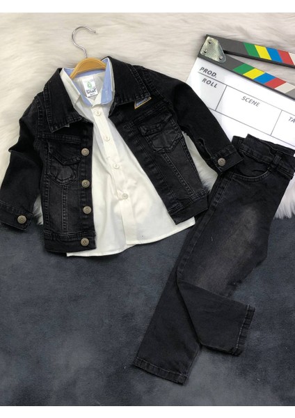 Erkek Çocuk 3'lü Kot Takımı - Gömlek - Ceket - Pantolon - %100 Pamuklu