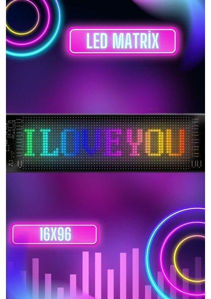 LED Matrix Bluetooth Bağlantılı Araç Camına Uygun Pixsel Görünümlü 16X96 Pixel