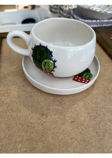 2 Kişilik El Yapımı Kaktüs Desenli Seramik Kupa Takımı - Çay Kahve Sunum Seti