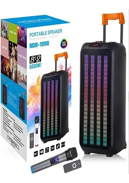 NDR-1098 8" Taşınabilir Büyük Boy Rgb Bluetooth Kablosuz Mikrofonlu Parti Hoparlörü