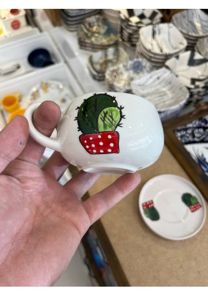 El Yapımı Kaktüs Desenli Seramik Kupa ve Tabak Takımı - Tek Kişilik