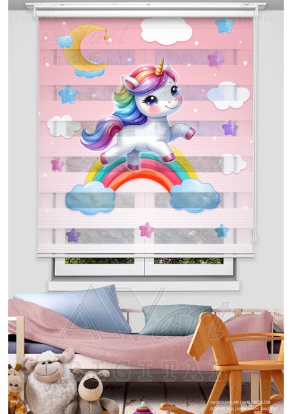 Unicorn ve Gökkuşağı Baskılı Zebra Stor Perde - Rainbow Baskılı Çocuk Odası Perdesi