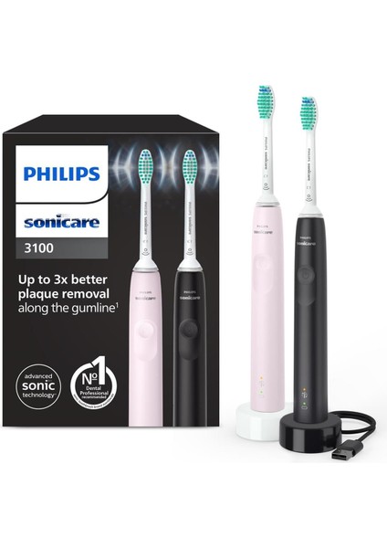 Sonicare 3100 Elektrikli Diş Fırçası | Sonic Teknoloji, Basınç Sensörü & Zamanlayıcı | 2’li Set (Siyah & Pembe), HX3675/15