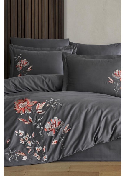 Impero Nakışlı %100 Pamuk Saten Çift Kişilik Nevresim Takımı Antrasit