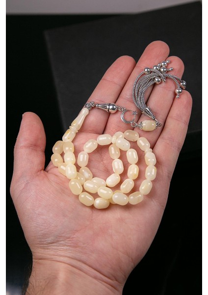 Limon Renk Kapsül Gümüş Püsküllü Damla Kehribar Tesbih