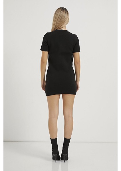 Kadın Bisiklet Yaka Standart Beden Esnek Likralı Kısa Kol Mini Triko Elbise fiyatları