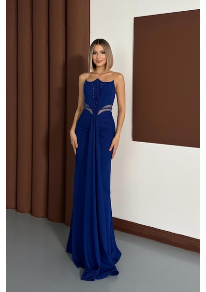 Straplez Önü Boncuk Işlemeli Uzun Saks Abiye