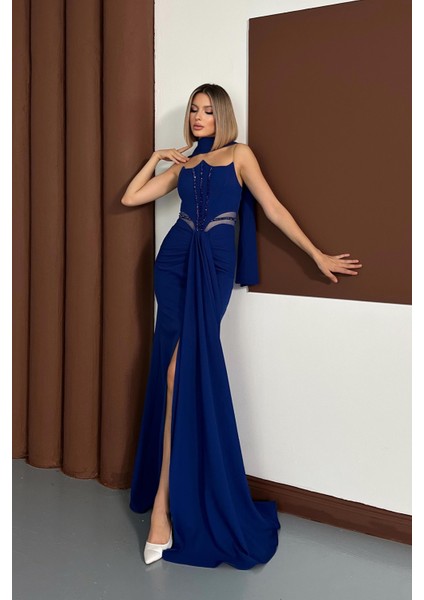 Straplez Önü Boncuk Işlemeli Uzun Saks Abiye fiyatları