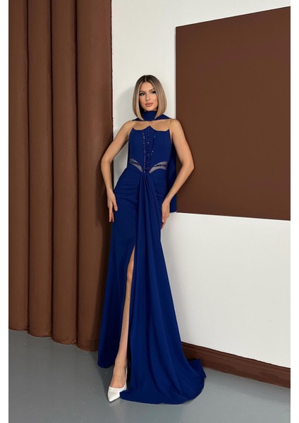 Straplez Önü Boncuk Işlemeli Uzun Saks Abiye fırsatları