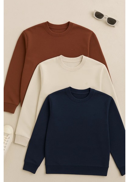 Erkek Basic Bisiklet Yaka Kışlık Bol 3 Lü Sweatshirt