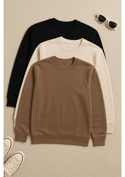 Erkek Basic Bisiklet Yaka Kışlık Bol 3 Lü Sweatshirt