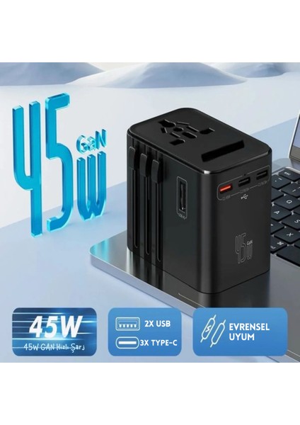 Universal Seyahat Priz Dönüştürücü Adaptör, 45W Şarj Cihazı, 2x USB Girişi, 3x Type-C Girişi, Uluslararası Güç Adaptörü, Tr, Us, Uk, Eu, Au Evrensel Uyum modelleri
