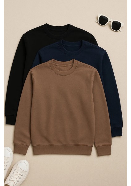 Erkek Basic Bisiklet Yaka Kışlık Bol 3 Lü Sweatshirt