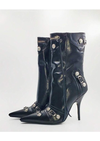 Kadınlar Için Siyah Klasik Moda Topuklu Bot, Çivili Dekorlu Fermuarlı Ön Sivri Burun Stiletto Topuklu Bot indirimleri