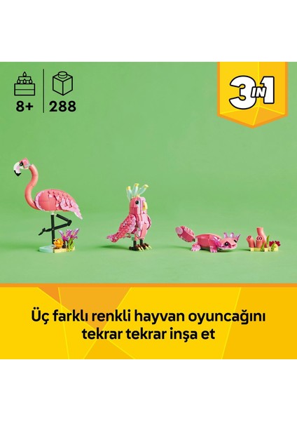 LEGO Creator 3'ü 1 Arada Vahşi Hayvanlar: Pembe Flamingo 31170 – 8 Yaş ve Üzeri Kız ve Erkek Çocukları Için Kakadu Papağanı Veya Aksolotl'a Dönüşebilen Yaratıcı Oyuncak Seti, Hediye Fikri (288 Parça) modelleri