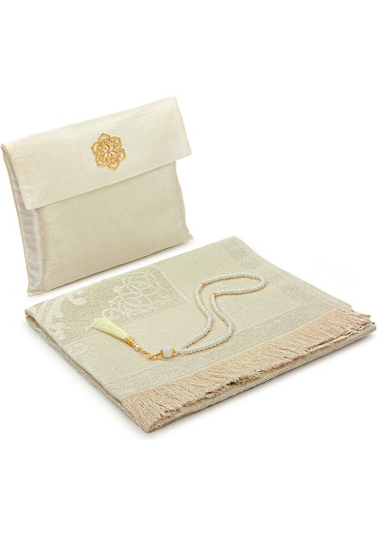 Hediyelik Şantuk Çantalı, Tesbihli, Çeyizlik Seccade Seti - Krem