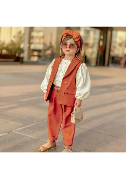 Minik Diva Kız Çocuk 5'li Takım - Yelek - Gömlek - Pantolon - Kemer - Saç Tokası