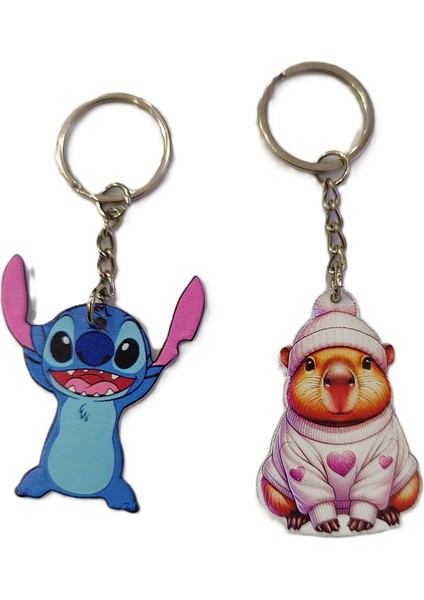 Karakter Figürlü Metal Anahtarlık (Stitch/capybara) (Toplam 2 Adet)