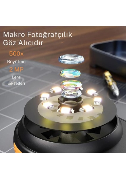 Type-c Şarjlı 2 inç Ekranlı 8 Ledli 500x Dijital Mini Mikroskop