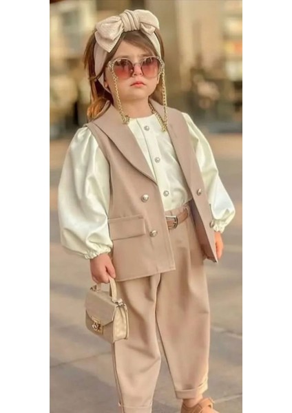 Minik Diva Kız Çocuk 5'li Takım - Yelek - Gömlek - Pantolon - Kemer - Saç Tokası