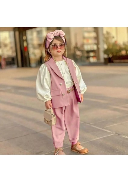 Minik Diva Kız Çocuk 5'li Takım - Yelek - Gömlek - Pantolon - Kemer - Saç Tokası fırsatları