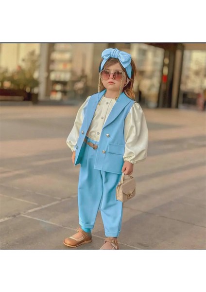 Minik Diva Kız Çocuk 5'li Takım - Yelek - Gömlek - Pantolon - Kemer - Saç Tokası