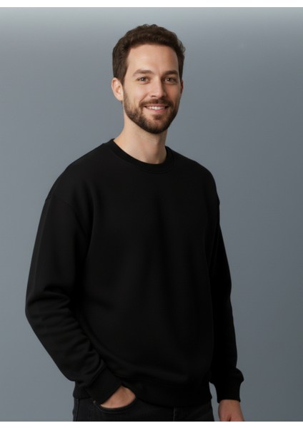 Siyah Regular Fit Içi Polarlı 3 Iplik Bisiklet Yaka Pamuklu Sweatshirt