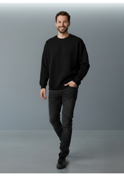 Siyah Regular Fit Içi Polarlı 3 Iplik Bisiklet Yaka Pamuklu Sweatshirt modelleri