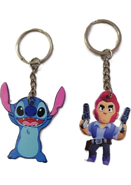 Karakter Figürlü Metal Anahtarlık (Stitch/brawlstars) (Toplam 2 Adet)