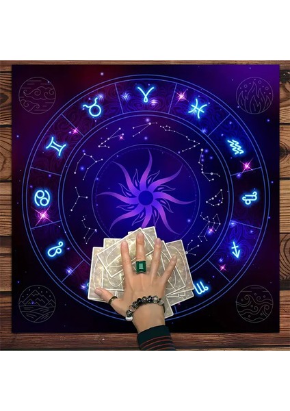 Zodyak Burçları ve Yıldızlı Tarot Masa Örtüsü – Astroloji ve Göksel Sembollü Mistik Sunak Bezi