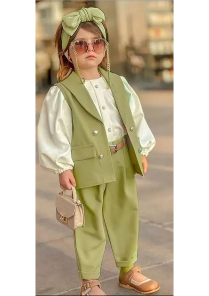 Minik Diva Kız Çocuk 5'li Takım - Yelek - Gömlek - Pantolon - Kemer - Saç Tokası modelleri