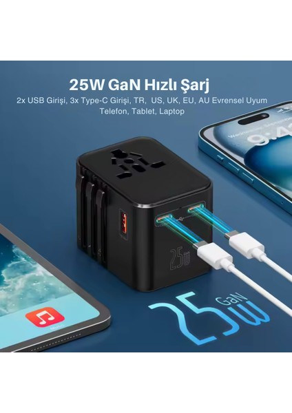 Universal Seyahat Priz Dönüştürücü Adaptör, 25W Şarj Cihazı, 1x USB Girişi, 2x Type-C Girişi, Uluslararası Güç Adaptörü, Tr, Us, Uk, Eu, Au Evrensel Uyum fiyatları