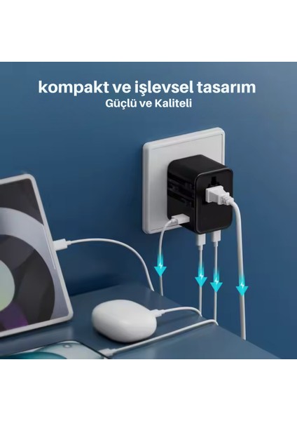 Universal Seyahat Priz Dönüştürücü Adaptör, 25W Şarj Cihazı, 1x USB Girişi, 2x Type-C Girişi, Uluslararası Güç Adaptörü, Tr, Us, Uk, Eu, Au Evrensel Uyum modelleri