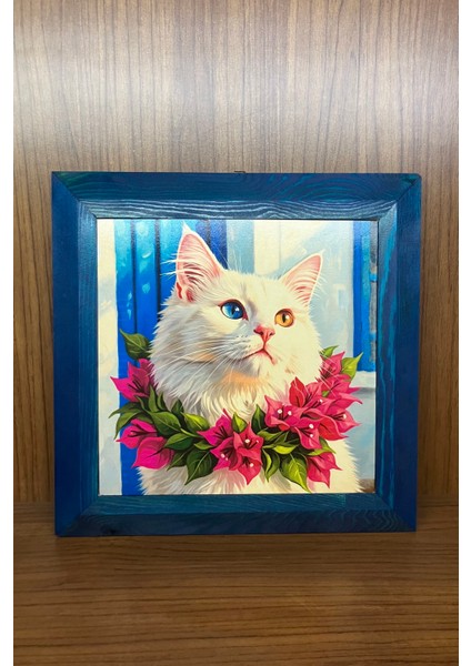 Ahşap Çerçeveli Begonvilli Kedi Bodrum Temalı Taş Tablo modelleri