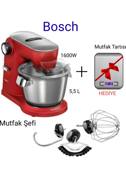 Mutfak Şefi 1600W 5,5 L Karıştırma Paslanmaz Çelik Hazne ve Metal GÖVDE,MUM9A66R00+MUTFAKTARTI Hediye