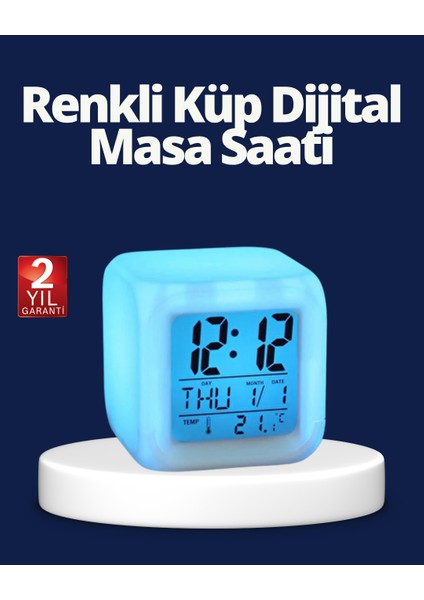 Renk Değiştiren LED Alarmlı Dijital Küp Masa Saati
