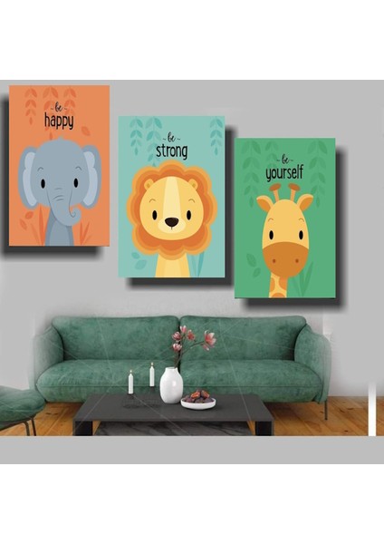 3 Lü Tasarım Çocuk Odası Hayvanlar V1 Ev Duvar Salon Güzellik Salonu Ofis Dükkan Dekarasyon Kanvas Tablo