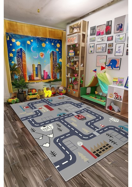Dekoratif Yıkanabilir, Kaymaz Tabanlı, Çocuk Odası Oyun Halısı - WOOPAMUK077