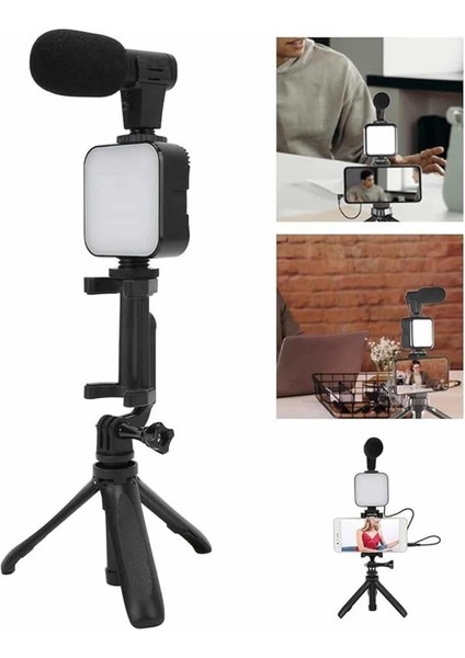 Tripod Telefon Tutucu Kumandalı Mikrofon LED Işık Vlog Video Kayıt indirimleri