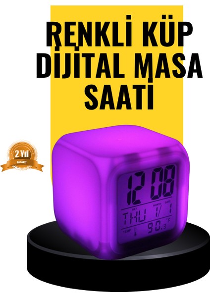 7 Renk LED Işıklı Alarmlı Dijital Küp Masa Saati Termometreli