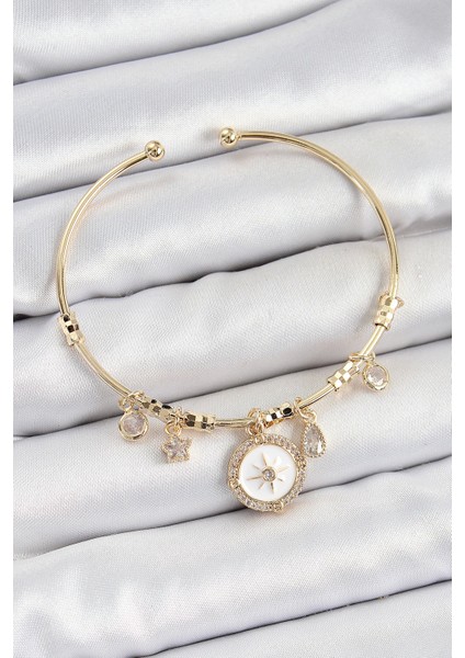 Bfs Pirinç Zirkon Taşlı Pusula Model Gold Renk Charm Bileklik